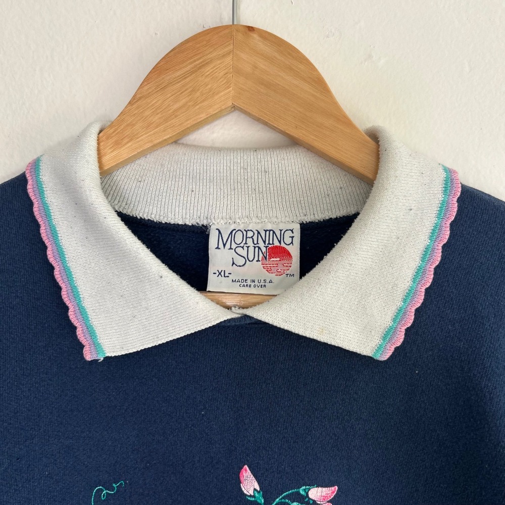 Vintage‎ 90s Morning Sun Sweatshirt Floral Butterfly Collared cottagecore - Picture 4 of 7